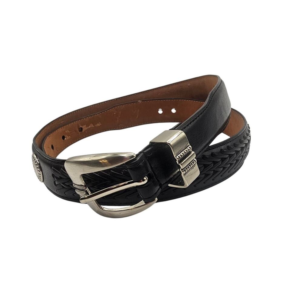 PGA TOUR Men's Black Genuine Leather Braided Belt Silver Buckle
